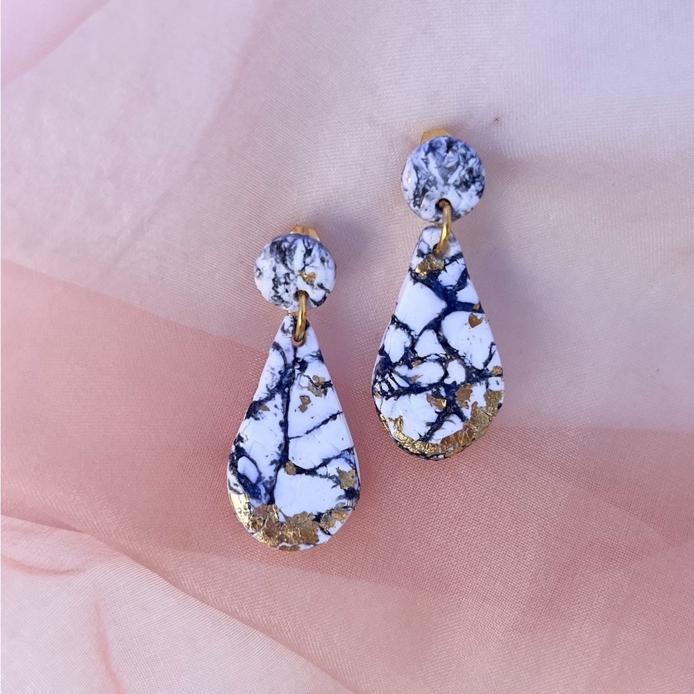 Black, White & Gold Small Marble Handmade Earrings